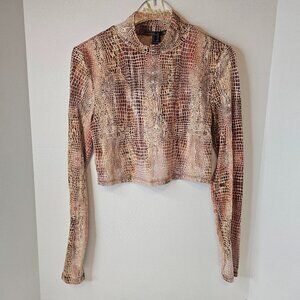 Forever 21 Snake Print Top Women Multicolor Monk Neck Long Sleeve Cropped Size M